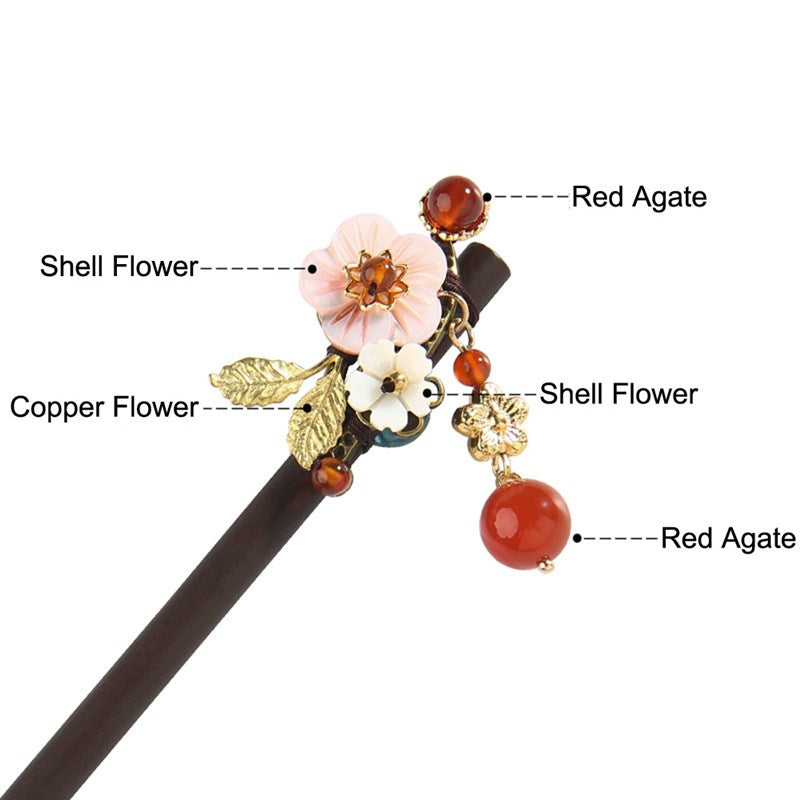 Original Design Ancient Style Tassel Hairpin - Wood with Gold-Plated Gem Accents