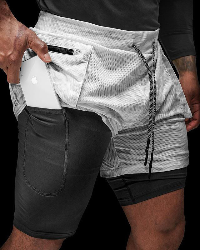 Double-Gloss Camo Sports Shorts with Inner Bladder