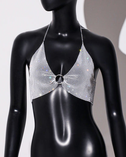 Women’s Rhinestone Backless Halter Crop Top