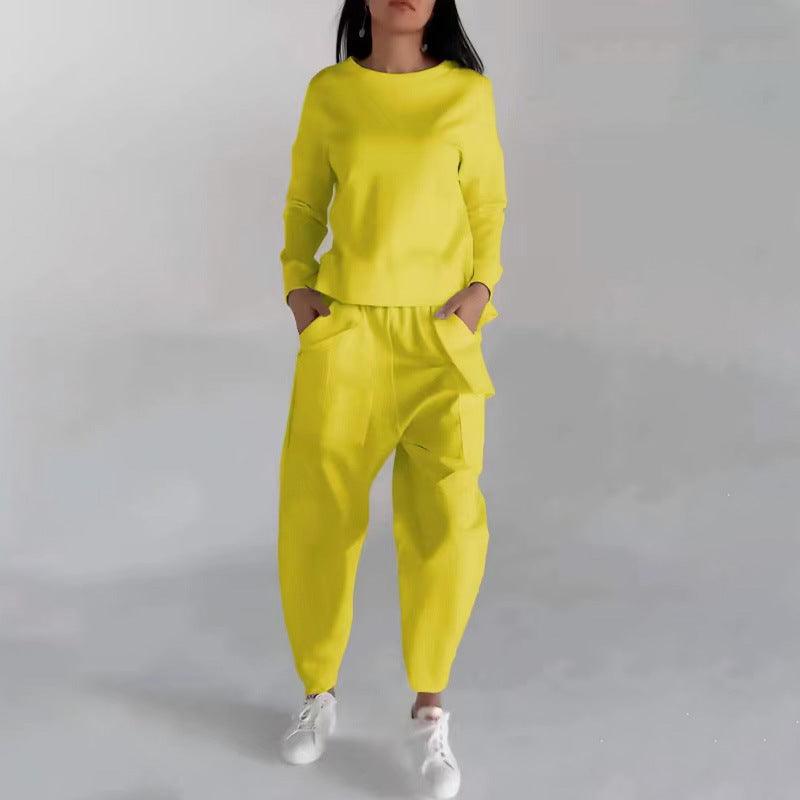 Solid Color Fashion Sweatshirt Long Sleeve Back Slit Top With Pockets Loose Trousers - ForVanity 4