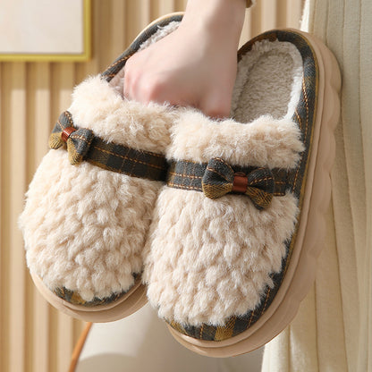 Winter Plush Slippers With Bow Button Design Indoor Non-slip Thick-soled Fur Home Slipper Fluffy Slides Household Warm Hose Shoes For Women