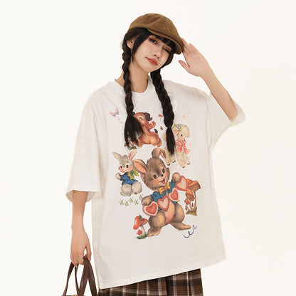 Cartoon Animal Print T-Shirt – Casual Cotton, Loose Fit