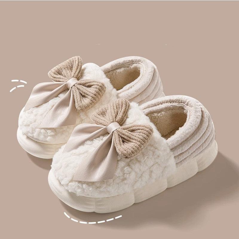 Big Bow-knot Fluffy Slippers Winter Warm Covered Heel Cotton Shoes Fashion Thick-soled Platform Slippers Indoor And Outdoor Garden Walking Shoes - ForVanity SLIPPERS