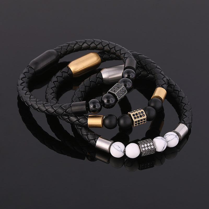 Hand-Woven Cowhide Leather Bracelet with Gold Clasp