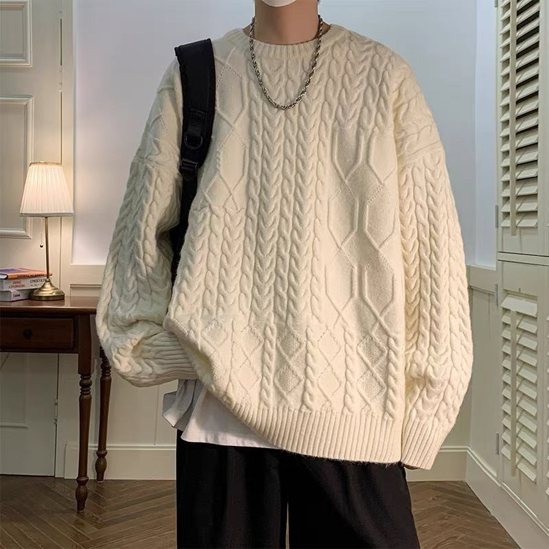 Men's Cable-Knit Sweater - Japanese Trend, Loose Fit, Cotton - ForVanity men's clothing, men's sweaters Sweaters