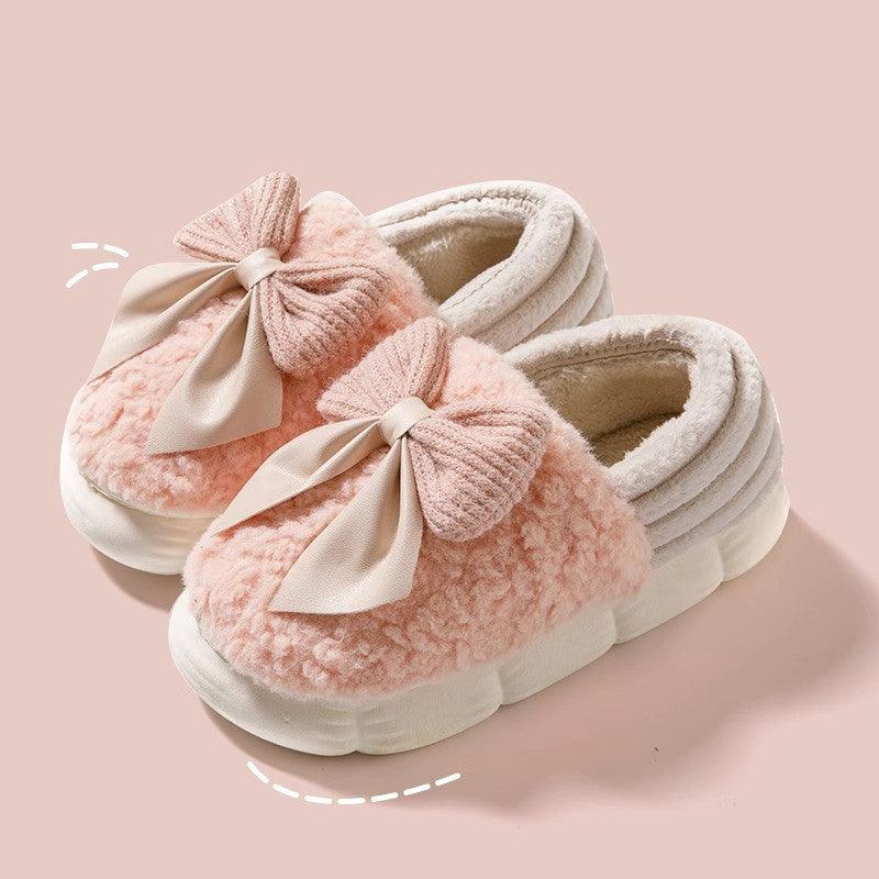 Big Bow-knot Fluffy Slippers Winter Warm Covered Heel Cotton Shoes Fashion Thick-soled Platform Slippers Indoor And Outdoor Garden Walking Shoes - ForVanity SLIPPERS