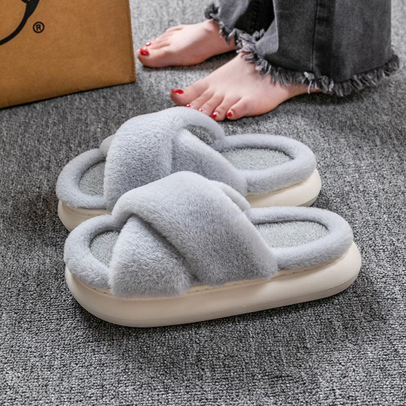 Women's Platform Fuzzy Home Slippers Winter Open Toe Criss-cross Solid Color Casual Floor Slides Indoor Flat Comfy House Shoes - ForVanity SLIPPERS