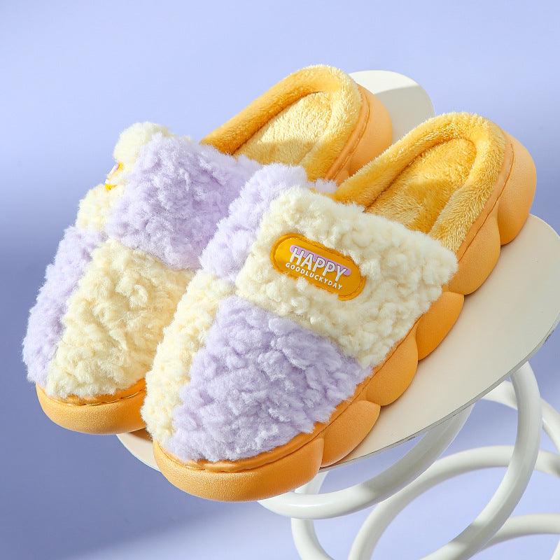 Color-matching Home Slippers Winter EVA Thick-soled Warm Plush Cotton Slippers Women Men Indoor Anti Slip House Shoes - ForVanity SLIPPERS