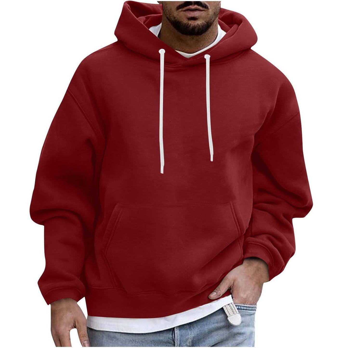 Men's Solid Color Casual Hoodie - Pullover, Drop-Shoulder