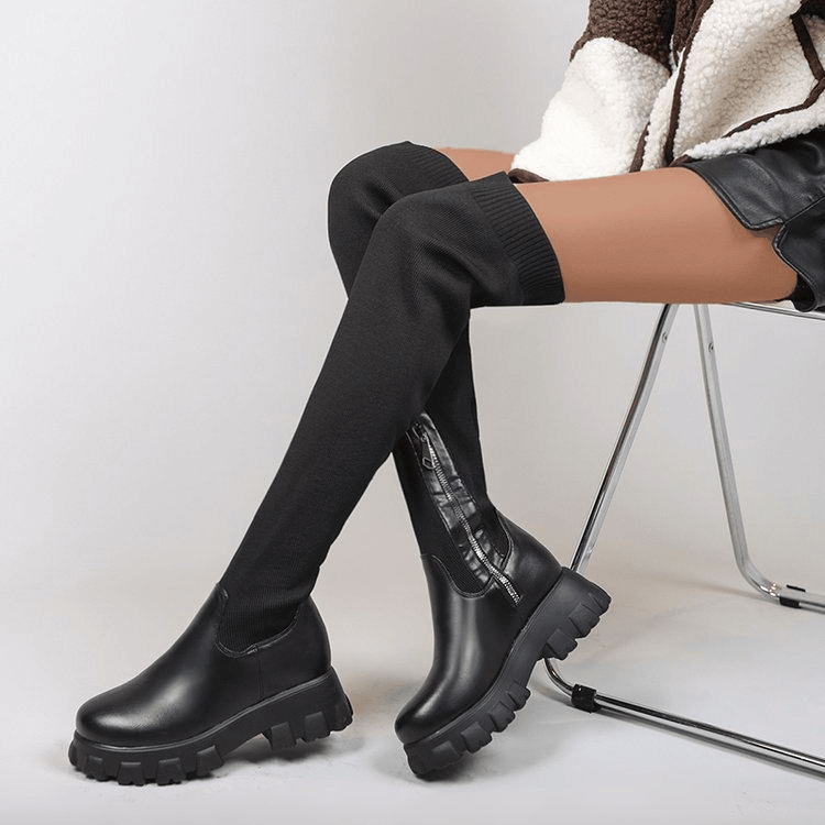 Women’s Knee-High Winter Boots – Side Zipper, Square Heel