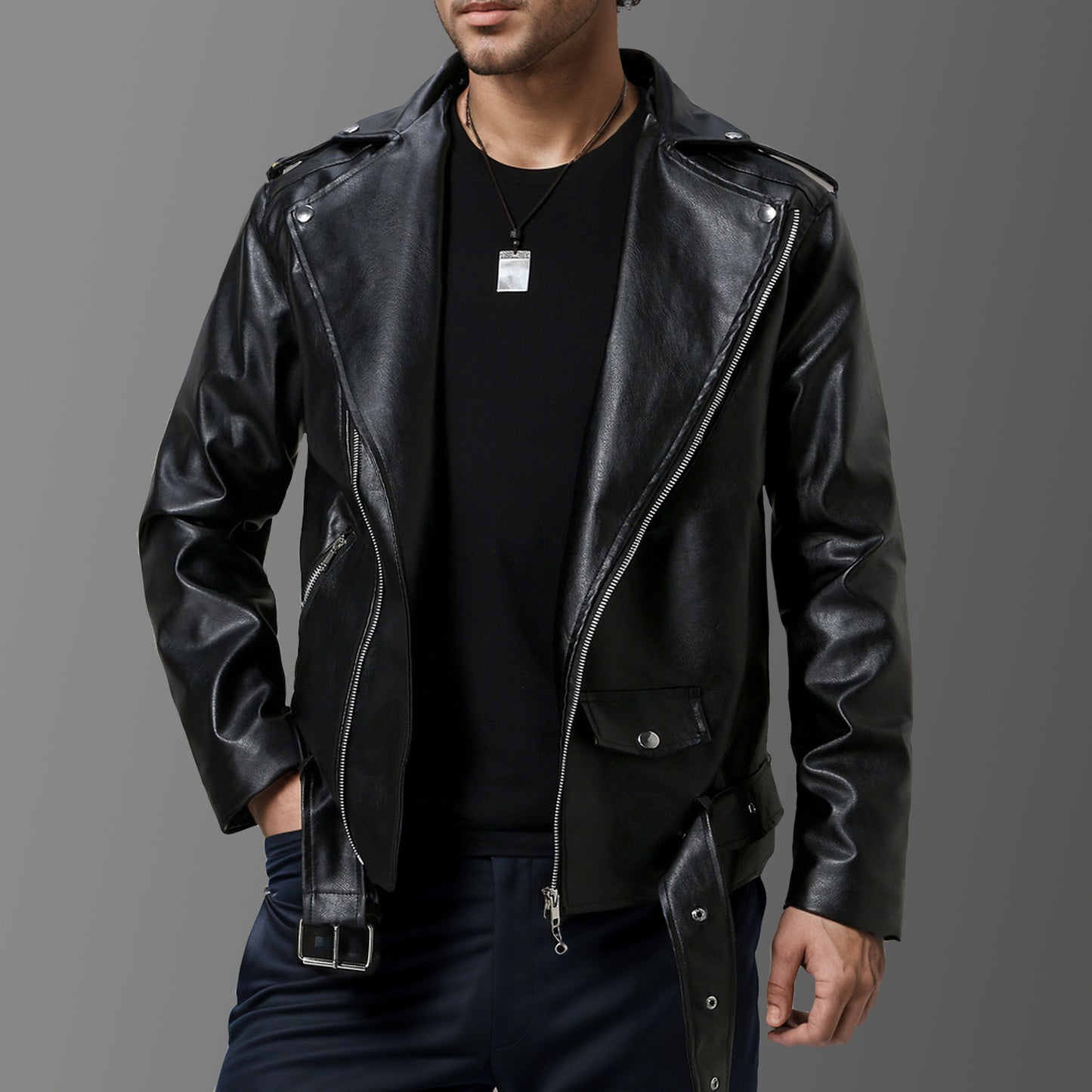 Men's Faux Leather Slim-fit Jacket - Lapel Collar, High Elasticity - ForVanity Bomber Jackets, Faux Leather, jackets, jackets & coats, men's clothing, men's jackets & coats, Men’s Bomber Jackets Bomber Jackets