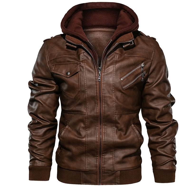 Men's PU Leather Motorcycle Jacket - Casual Biker Style, Detachable Hood