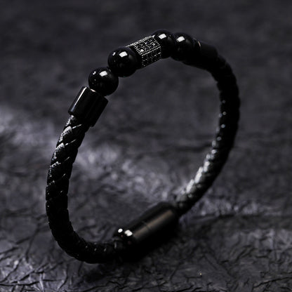 Hand-Woven Cowhide Leather Bracelet with Gold Clasp