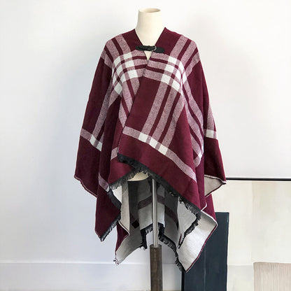 Double-Sided Plaid Shawl with Tassel Detail - Elegant Wool Warmth for Women