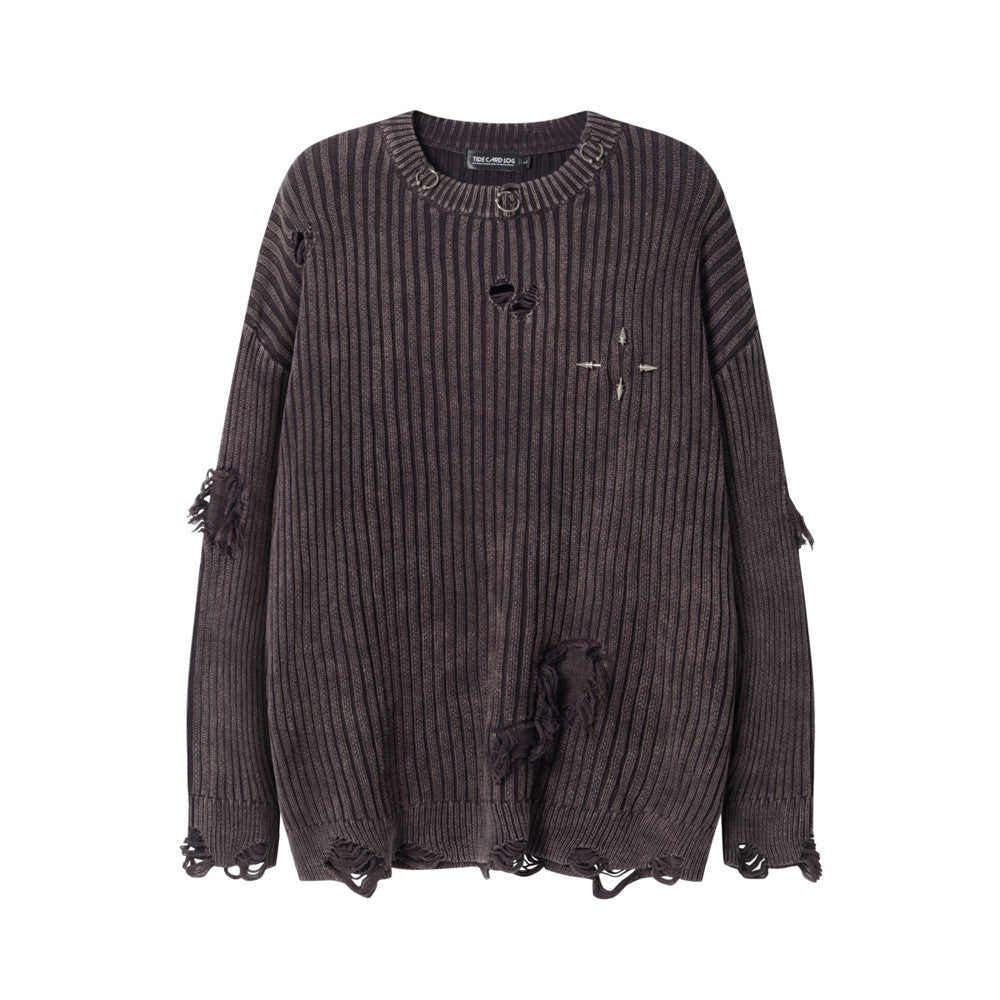 Men's Sunken Stripe Ripped Sweater - Idle Street Style, Loose Fit