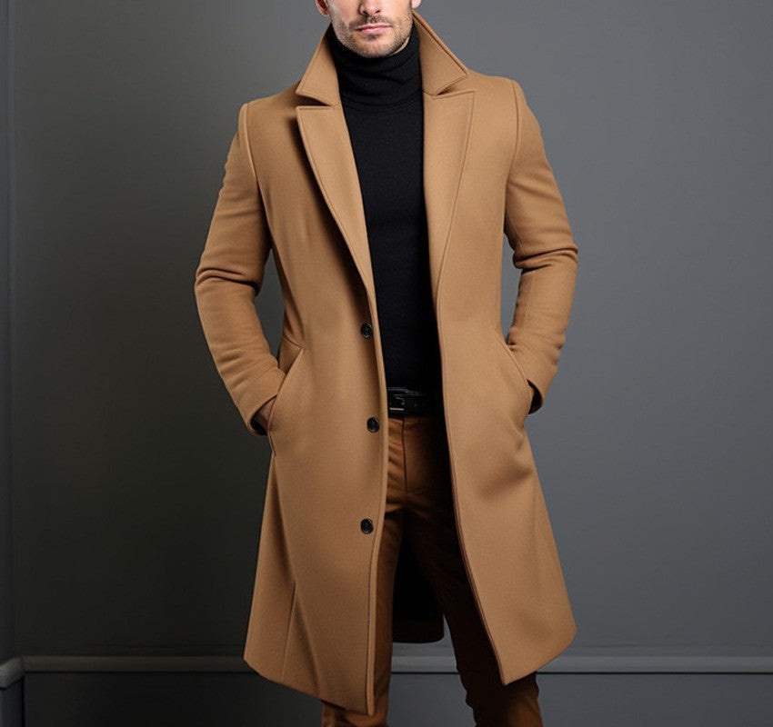 Men's Woolen Mid-length Trench Coat - British Style, Straight Hem - ForVanity men's clothing, men's jackets & coats, Men’s Trench Coats, Trench Coats Trench Coats