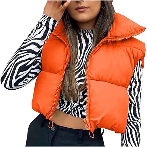 Winter Short Vest For Women Solid Color Zip Sleeveless Lapel Jacket Fashion Bread Coat