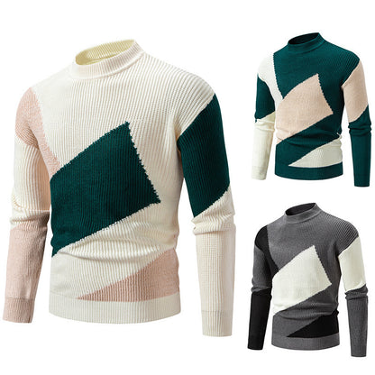 Men's Round Neck Multicolor Pullover Sweater - Korean Style, Jacquard