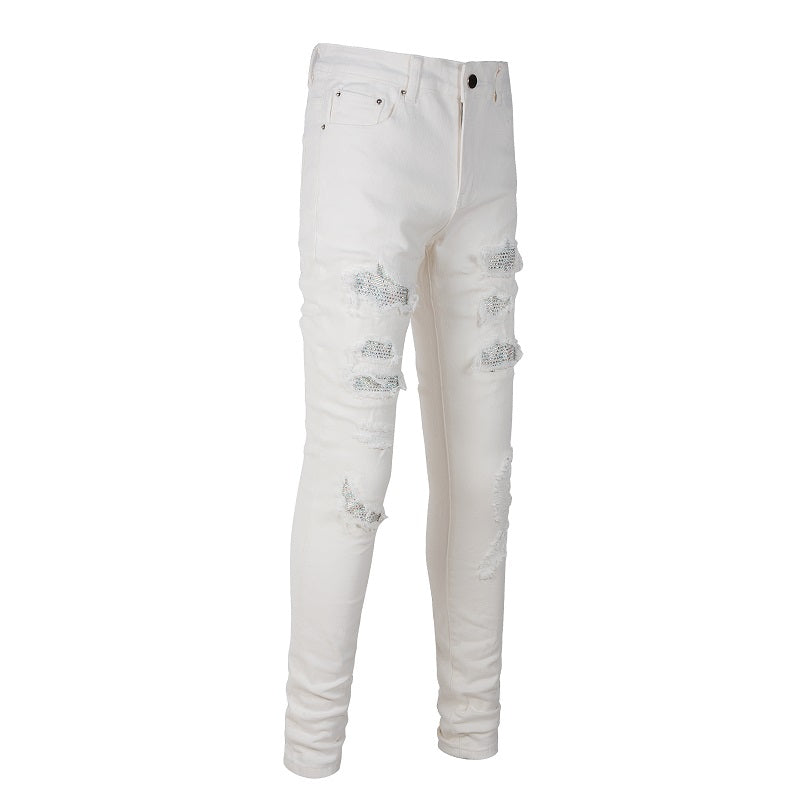 Men's White Slim-Fit Pants with Hot Drill Patch Hole Details