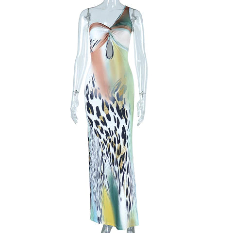 One-Shoulder Cutout Maxi Dress - Animal Print, Asymmetric, Twisted