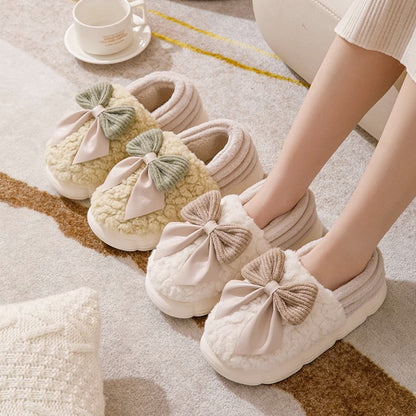 Big Bow-knot Fluffy Slippers Winter Warm Covered Heel Cotton Shoes Fashion Thick-soled Platform Slippers Indoor And Outdoor Garden Walking Shoes