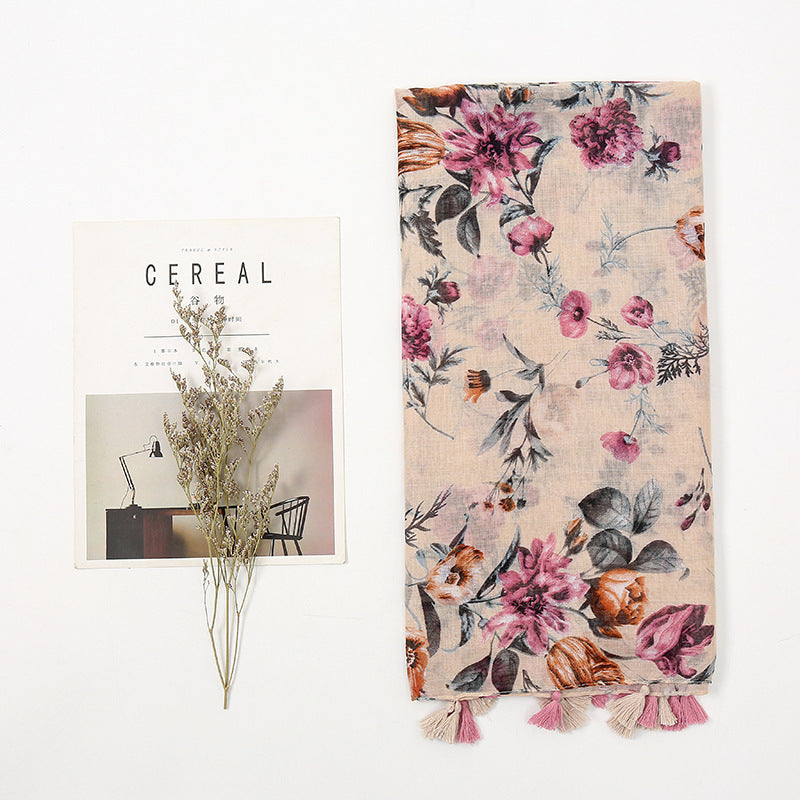 Floral Cotton & Linen Scarf with Fringe Detail - Medium-Length Elegance for Women
