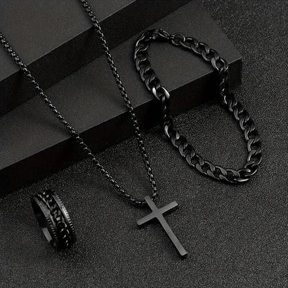 Men's Cross Necklace, Ring, and Bracelet Set