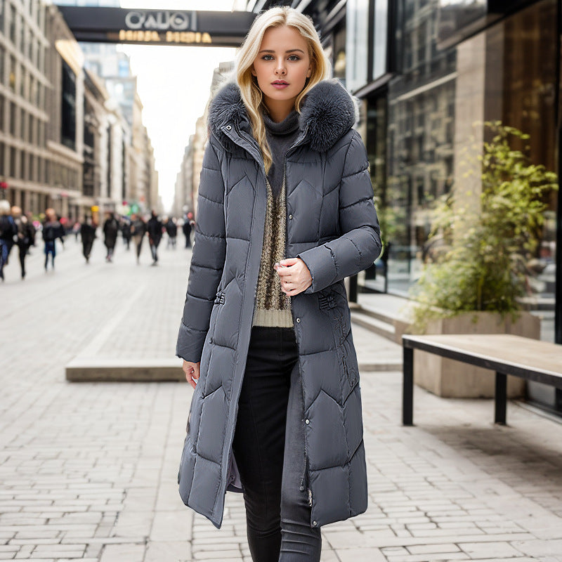 Winter Long Coat With Thickened Fur Collar Straight Slim Cotton-padded Jacket Women