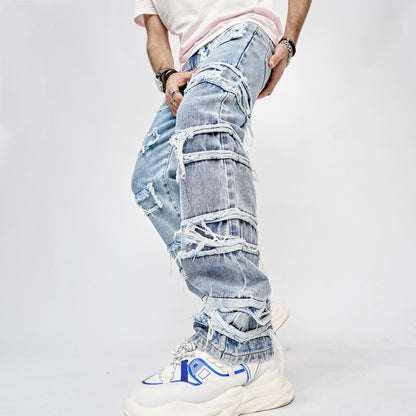 Men's High Street Hip-Hop Jeans - Patched Straight Fit Full-Length Pants