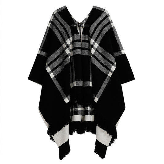 Double-Sided Plaid Shawl with Tassel Detail - Elegant Wool Warmth for Women
