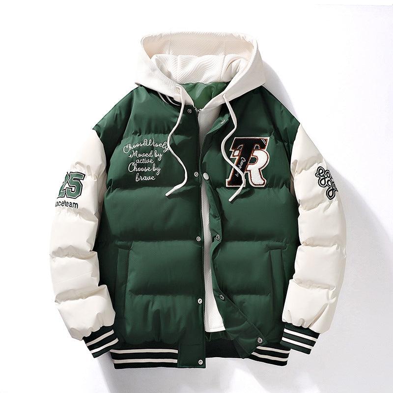 Men's Winter Coat Fake Two-piece Hooded Letter-print Bread Coat - ForVanity Men’s Jackets & Coats