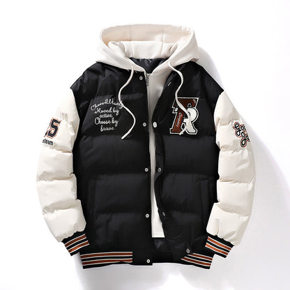 Men's Winter Coat Fake Two-piece Hooded Letter-print Bread Coat