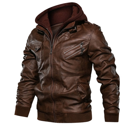 Men's PU Leather Motorcycle Jacket - Casual Biker Style, Detachable Hood