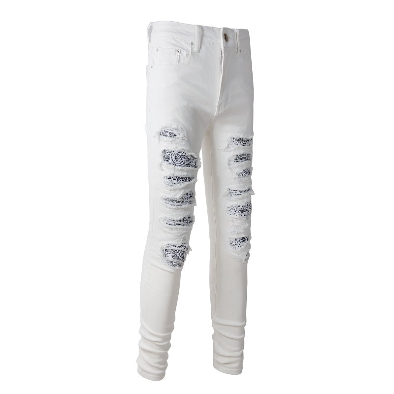 Youth Popularity White Cashew Flower Patch Torn Jeans