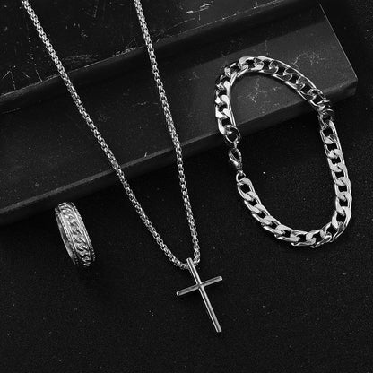 Men's Cross Necklace, Ring, and Bracelet Set