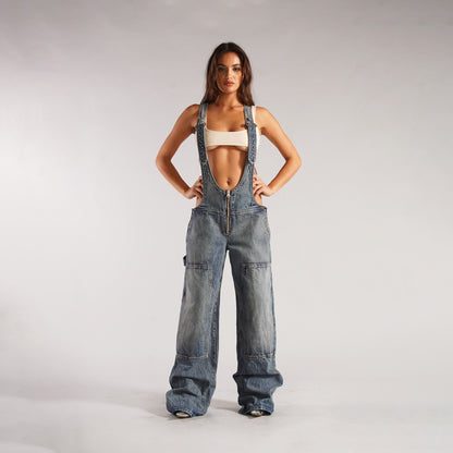 Denim Overalls With Pockets Loose Jumpsuit Streetwear Zipper Jeans