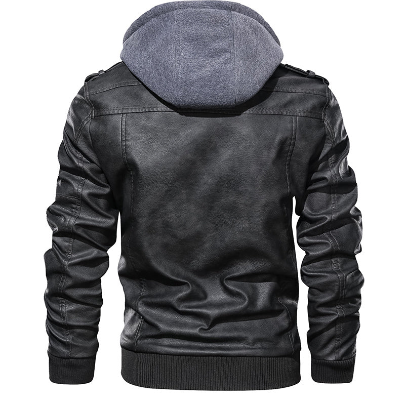 Men's PU Leather Motorcycle Jacket - Casual Biker Style, Detachable Hood