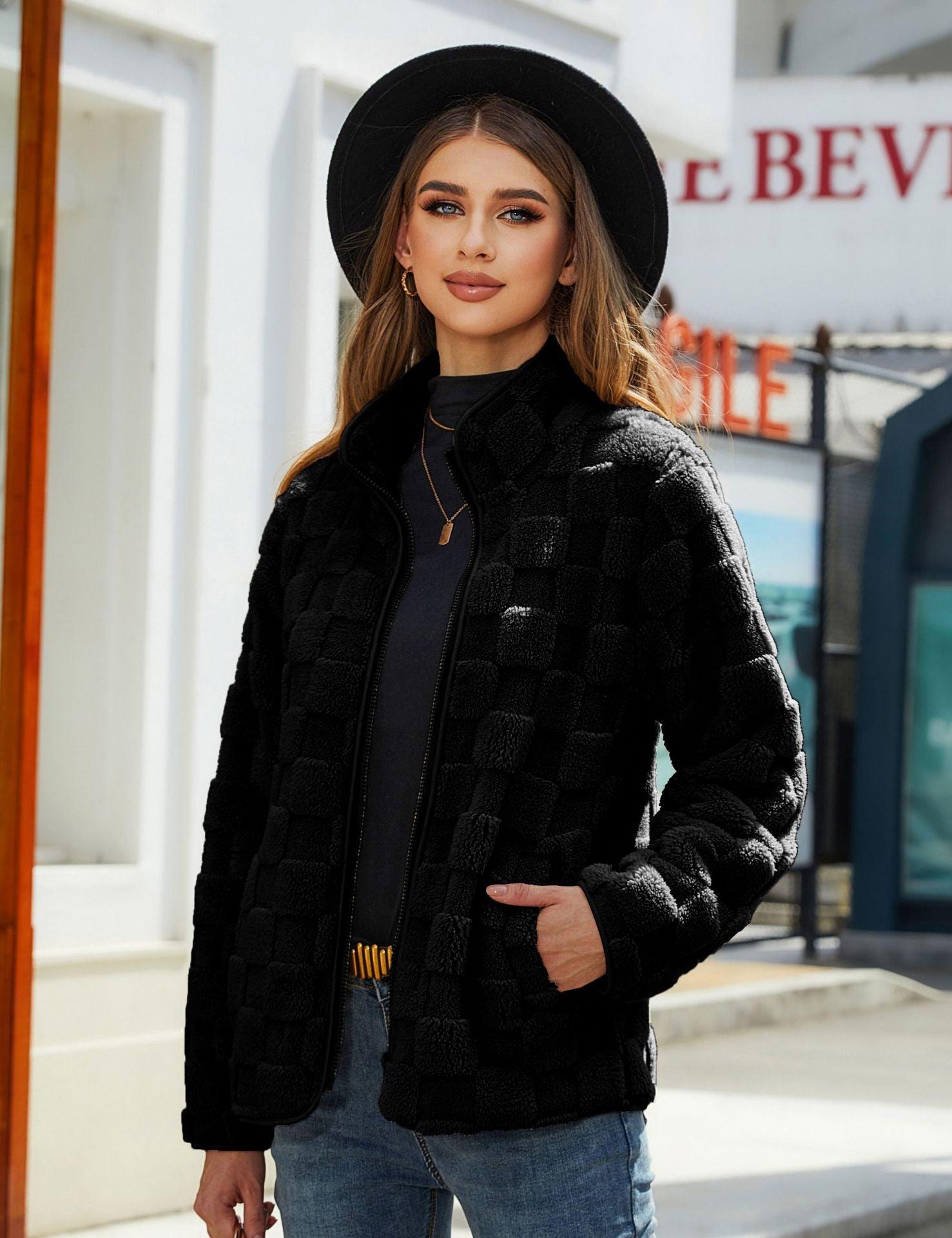 Stand-up Collar Plush Jacket Winter Long-sleeved Loose Zipper Cardigan Fashion Solid Color Checkerboard Design Coat Women Outwear - ForVanity Jacket