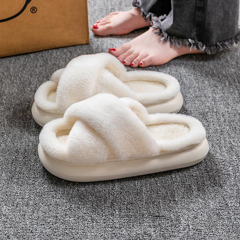 Women's Platform Fuzzy Home Slippers Winter Open Toe Criss-cross Solid Color Casual Floor Slides Indoor Flat Comfy House Shoes - ForVanity SLIPPERS