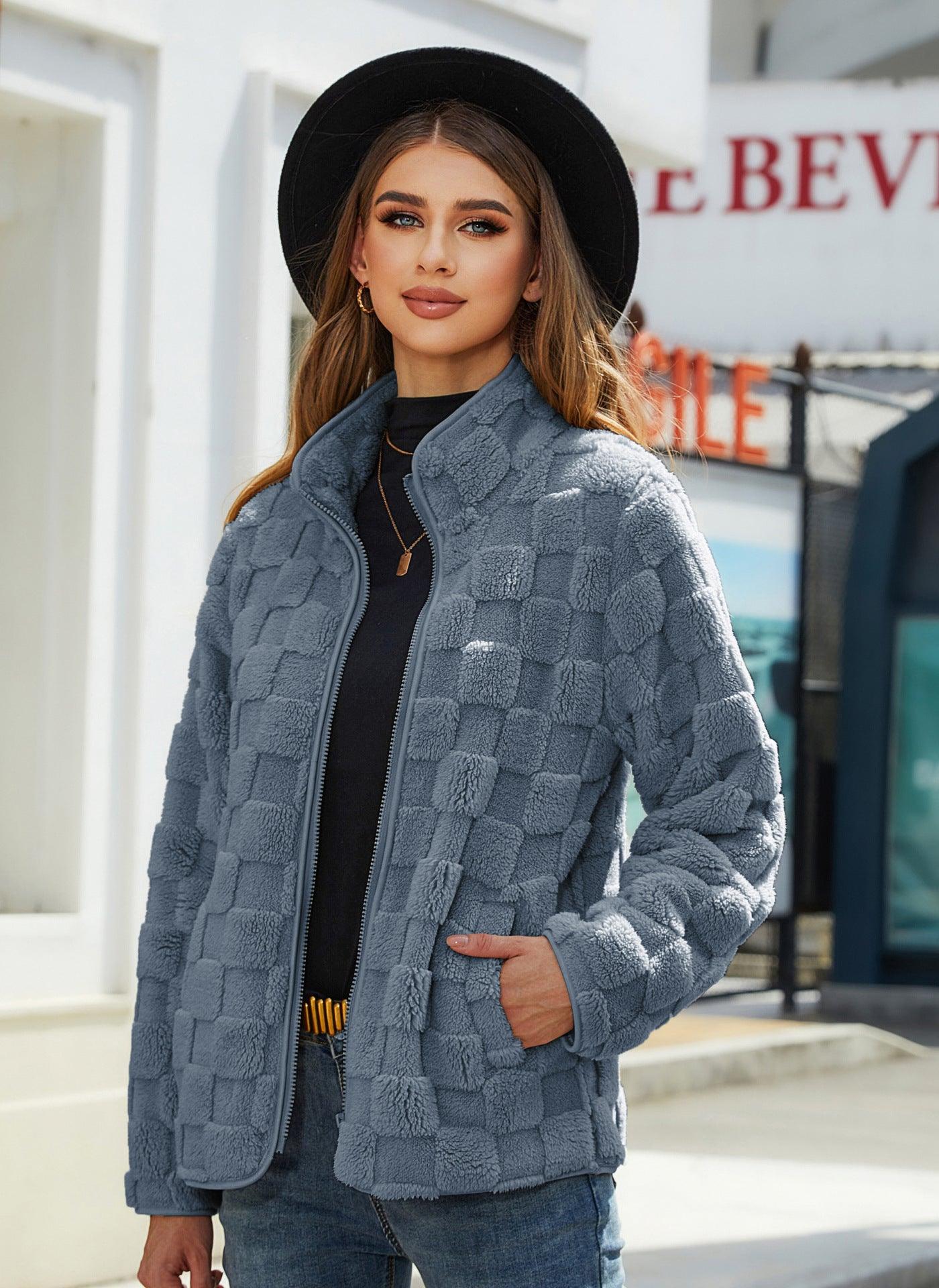 Stand-up Collar Plush Jacket Winter Long-sleeved Loose Zipper Cardigan Fashion Solid Color Checkerboard Design Coat Women Outwear - ForVanity Jacket