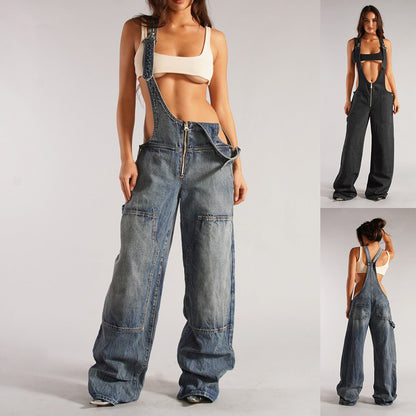 Denim Overalls With Pockets Loose Jumpsuit Streetwear Zipper Jeans