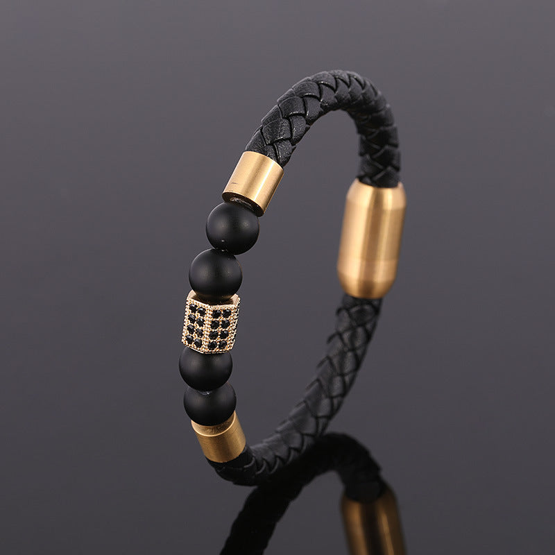 Hand-Woven Cowhide Leather Bracelet with Gold Clasp