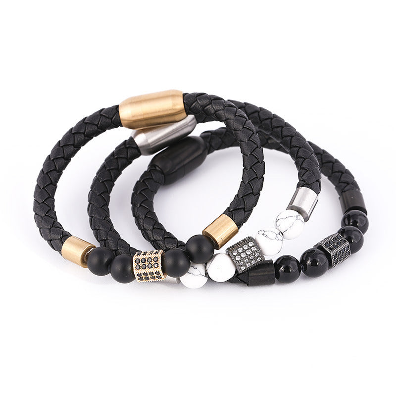 Hand-Woven Cowhide Leather Bracelet with Gold Clasp