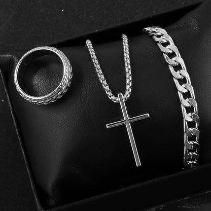 Men's Cross Necklace, Ring, and Bracelet Set