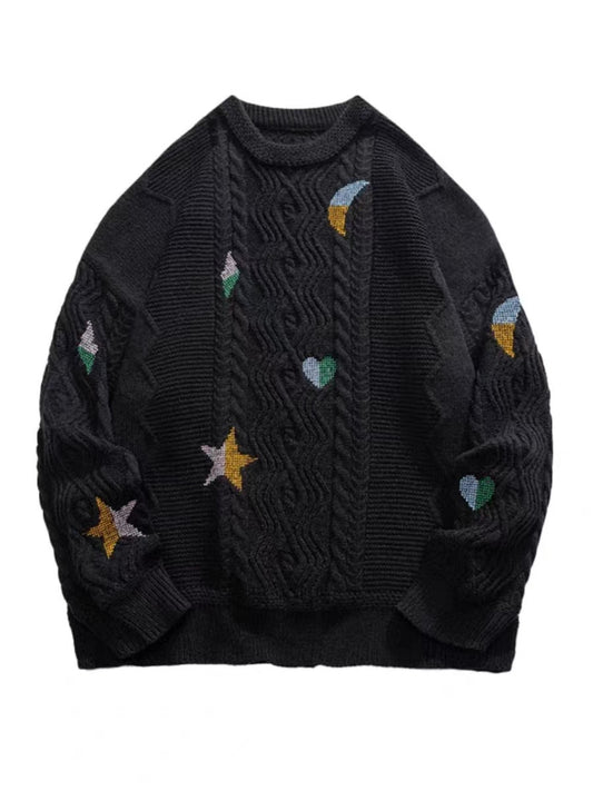 Men’s Twist Embroidered Sweater - Thick Loose Fit Pullover