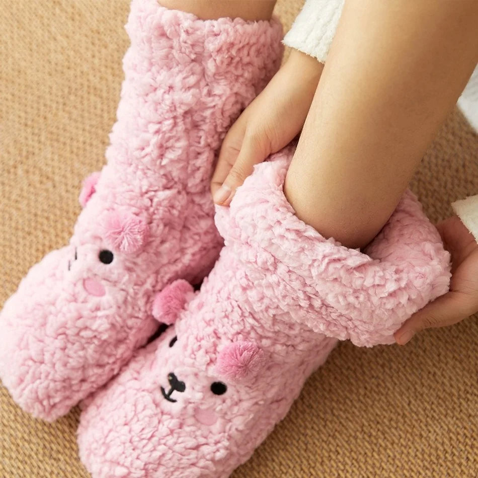 Cute Cartoon Bear Fuzzy Winter Socks for Women