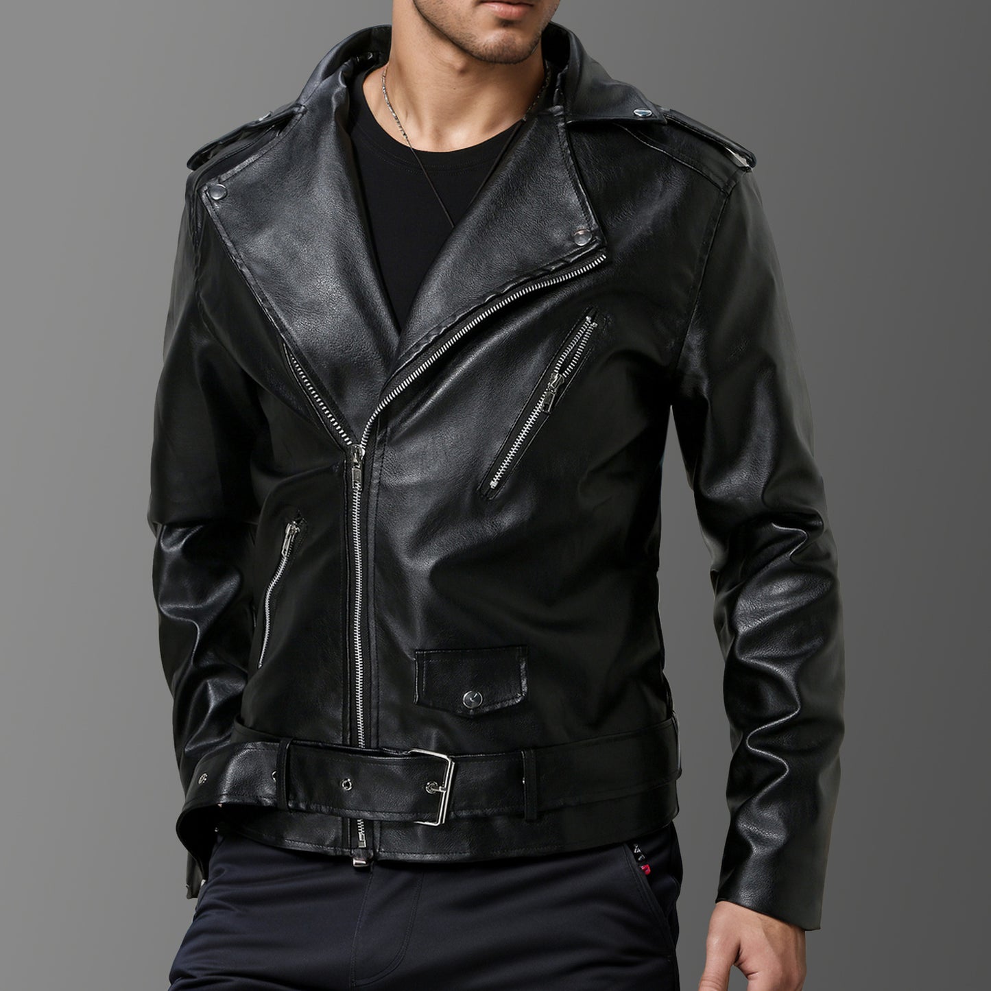 Men's Faux Leather Slim-fit Jacket - Lapel Collar, High Elasticity - ForVanity Bomber Jackets, Faux Leather, jackets, jackets & coats, men's clothing, men's jackets & coats, Men’s Bomber Jackets Bomber Jackets