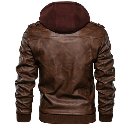 Men's PU Leather Motorcycle Jacket - Casual Biker Style, Detachable Hood