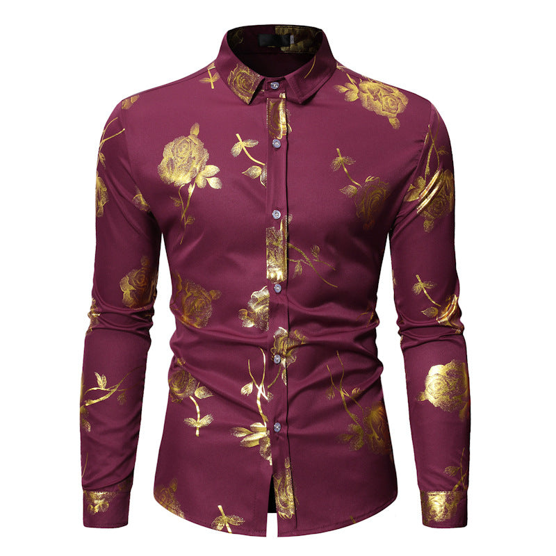 Men's Embossed Floral Bronzing Shirt: Chiffon Charm & Modern Elegance