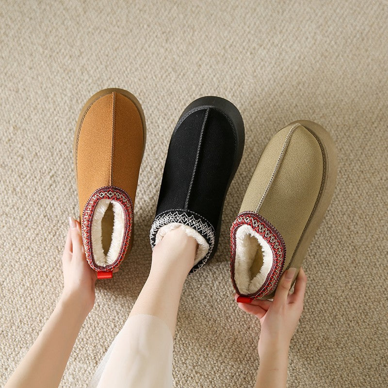 Baotou Plush Half Slippers Home Snow Boots Women's Fleece Warm Thick Bottom Cotton Shoes Ankle Flats